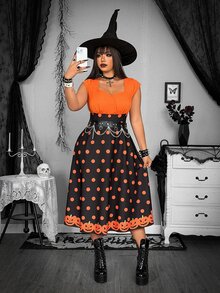 Whyspr Plus Size Women's Dark Halloween Contrast Color Polka Dot Print Dress - Multicolor - View 5