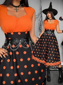 Whyspr Plus Size Women's Dark Halloween Contrast Color Polka Dot Print Dress - Multicolor - View 1