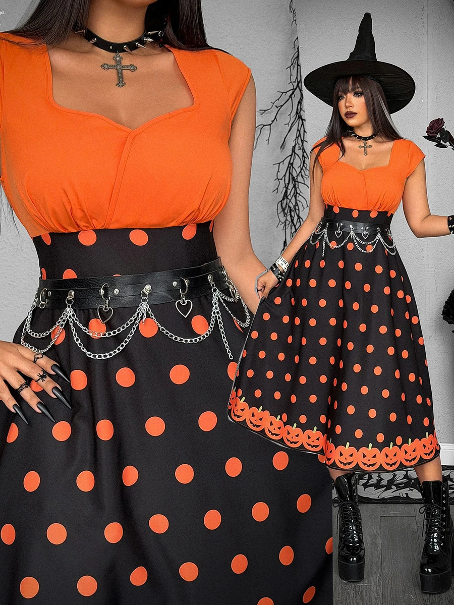 Whyspr Plus Size Women's Dark Halloween Contrast Color Polka Dot Print Dress - Multicolor - View 1