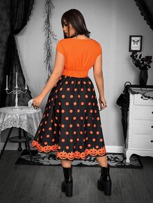 Whyspr Plus Size Women's Dark Halloween Contrast Color Polka Dot Print Dress - Multicolor - View 2