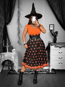 Whyspr Plus Size Women's Dark Halloween Contrast Color Polka Dot Print Dress - Multicolor - View 8