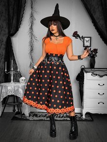 Whyspr Plus Size Women's Dark Halloween Contrast Color Polka Dot Print Dress - Multicolor - View 4