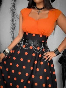 Whyspr Plus Size Women's Dark Halloween Contrast Color Polka Dot Print Dress - Multicolor - View 7