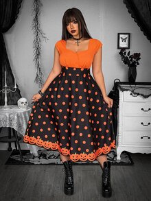 Whyspr Plus Size Women's Dark Halloween Contrast Color Polka Dot Print Dress - Multicolor - View 3