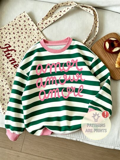 Girls Baby Green & White Striped Crew Neck Sweatshirt, Contrast Pink Ribbed Collar & Cuffs, Pink Letter Print, Vintage Fashion. Ribbed Hem With Fresh & Bright Colors, Great For Wearing Alone Or Layering, Suitable For Daily Outings, School Wear, Autumn/Winter Fashion Item For Back To School, Halloween, Christmas