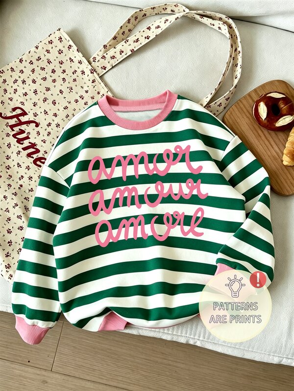 Girls Baby Green & White Striped Crew Neck Sweatshirt, Contrast Pink Ribbed Collar & Cuffs, Pink Letter Print, Vintage Fashion. Ribbed Hem With Fresh & Bright Colors, Great For Wearing Alone Or Layering, Suitable For Daily Outings, School Wear, Autumn/Winter Fashion Item For Back To School, Halloween, Christmas