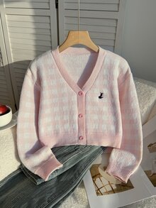 SHEIN 女童新款優雅粉色針織開襟毛衣上衣，柔軟舒適，可愛刺繡兔子圖案，適合日常穿著、上學、外出、聚會，秋冬款 - 粉色 - 查看 5