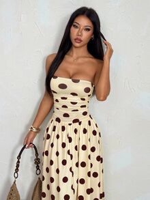 SHEIN PETITE 女款無肩帶荷葉邊裙襬洋裝，棕色與白色波點，夏季，復古 70 年代，度假，假期，婚禮賓客穿著，生日，派對，畢業，小個子女性 - 彩色 - 查看 7