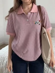 CovetEZ 女款條紋熊圖案休閒百搭日常穿著上衣，粉色與白色條紋，適合學校與夏季 - 藍色 - 查看 7