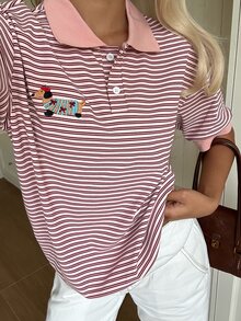CovetEZ 女款條紋熊圖案休閒百搭日常穿著上衣，粉色與白色條紋，適合學校與夏季 - 藍色 - 查看 8