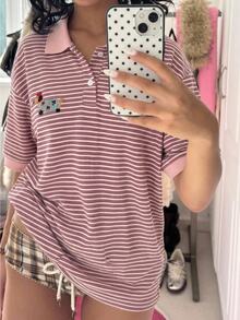 CovetEZ 女款條紋熊圖案休閒百搭日常穿著上衣，粉色與白色條紋，適合學校與夏季 - 藍色 - 查看 3