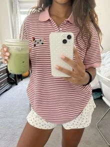 CovetEZ 女款條紋熊圖案休閒百搭日常穿著上衣，粉色與白色條紋，適合學校與夏季 - 藍色 - 查看 5