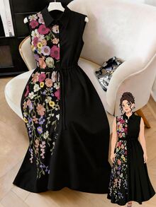 SHEIN Clasi 女士大码优雅刺绣拼接连衣裙 - 黑色 - 查看 5