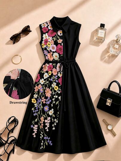 SHEIN Clasi 女士大码优雅刺绣拼接连衣裙