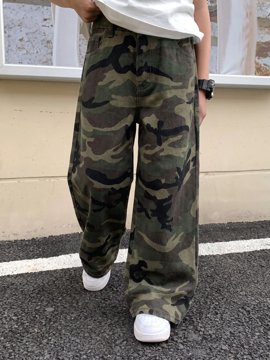 SHEIN Kids Tween Boy Cute Casual Y2k Fashion Camouflage Denim Wide-Leg Loose-Fitting Comfortable Jeans - Army Green - View 1