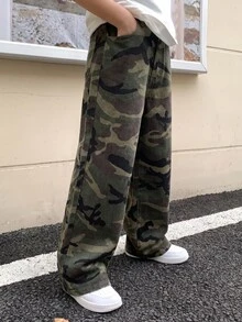 SHEIN Kids Tween Boy Cute Casual Y2k Fashion Camouflage Denim Wide-Leg Loose-Fitting Comfortable Jeans - Army Green - View 5