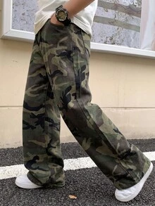 SHEIN Kids Tween Boy Cute Casual Y2k Fashion Camouflage Denim Wide-Leg Loose-Fitting Comfortable Jeans - Army Green - View 4