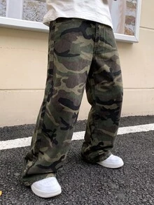 SHEIN Kids Tween Boy Cute Casual Y2k Fashion Camouflage Denim Wide-Leg Loose-Fitting Comfortable Jeans - Army Green - View 3
