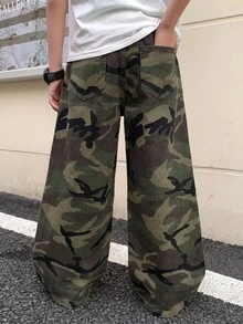SHEIN Kids Tween Boy Cute Casual Y2k Fashion Camouflage Denim Wide-Leg Loose-Fitting Comfortable Jeans - Army Green - View 2