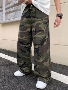 SHEIN Kids Tween Boy Cute Casual Y2k Fashion Camouflage Denim Wide-Leg Loose-Fitting Comfortable Jeans - Army Green - View 6