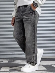 SHEIN 兒童青少年男孩時尚休閒黑色羊毛底寬鬆牛仔褲，適合冬季上學與秋季穿著 - 黑色 - 查看 5