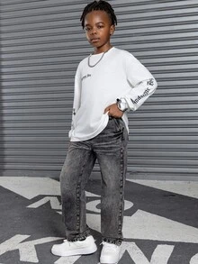 SHEIN 兒童青少年男孩時尚休閒黑色羊毛底寬鬆牛仔褲，適合冬季上學與秋季穿著 - 黑色 - 查看 3