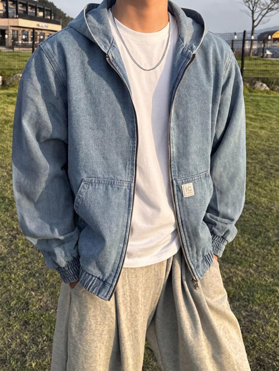 Jaket Anak Laki-Laki Remaja Musim Gugur/Dingin Berlabel Denim Biru Muda Berbahan Fleece dengan Lengan Longgar dan Tudung - Biru - View 1