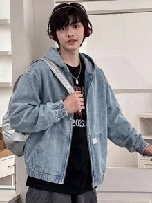 Jaket Anak Laki-Laki Remaja Musim Gugur/Dingin Berlabel Denim Biru Muda Berbahan Fleece dengan Lengan Longgar dan Tudung - Biru - View 7