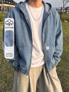 Jaket Anak Laki-Laki Remaja Musim Gugur/Dingin Berlabel Denim Biru Muda Berbahan Fleece dengan Lengan Longgar dan Tudung - Biru - View 5