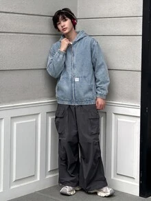 Jaket Anak Laki-Laki Remaja Musim Gugur/Dingin Berlabel Denim Biru Muda Berbahan Fleece dengan Lengan Longgar dan Tudung - Biru - View 6