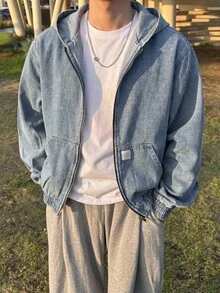 Jaket Anak Laki-Laki Remaja Musim Gugur/Dingin Berlabel Denim Biru Muda Berbahan Fleece dengan Lengan Longgar dan Tudung - Biru - View 4