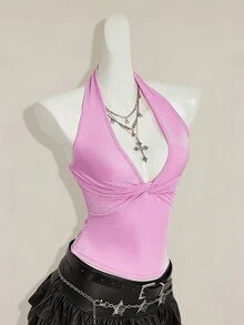 SHEIN ICON 女款素色掛脖露背扭結抓皺修身休閒上衣 - 淺粉色 - 查看 9