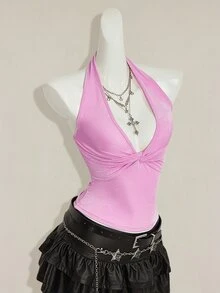 SHEIN ICON 女款素色掛脖露背扭結抓皺修身休閒上衣 - 淺粉色 - 查看 5