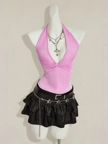 SHEIN ICON 女款素色掛脖露背扭結抓皺修身休閒上衣 - 淺粉色 - 查看 8