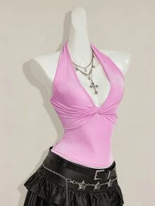 SHEIN ICON 女款素色掛脖露背扭結抓皺修身休閒上衣 - 淺粉色 - 查看 4