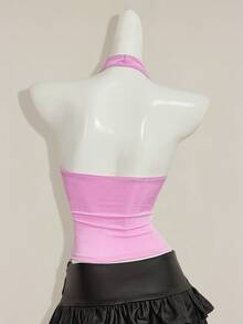 SHEIN ICON 女款素色掛脖露背扭結抓皺修身休閒上衣 - 淺粉色 - 查看 2