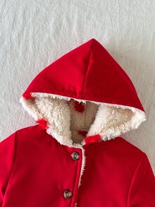 SHEIN Vintaside Kids 嬰兒女款咖啡棕毛絨內裡連帽卡其色長袖秋冬時尚百搭夾克 - 紅色 - 查看 8