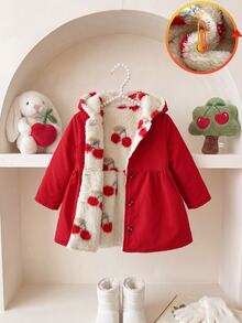 SHEIN Vintaside Kids 嬰兒女款咖啡棕毛絨內裡連帽卡其色長袖秋冬時尚百搭夾克 - 紅色 - 查看 10