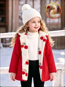 SHEIN Vintaside Kids 嬰兒女款咖啡棕毛絨內裡連帽卡其色長袖秋冬時尚百搭夾克 - 紅色 - 查看 2