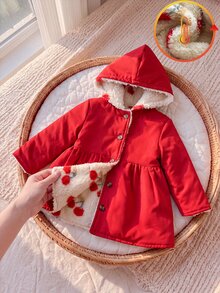 SHEIN Vintaside Kids 嬰兒女款咖啡棕毛絨內裡連帽卡其色長袖秋冬時尚百搭夾克 - 紅色 - 查看 4