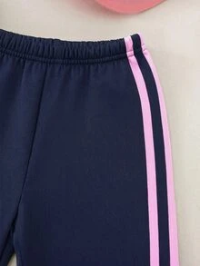 SHEIN Baby Girl Embroidered Round Neck Long Sleeve Sweatshirt And Striped Colorblock Pants Set - Navy Blue - View 4