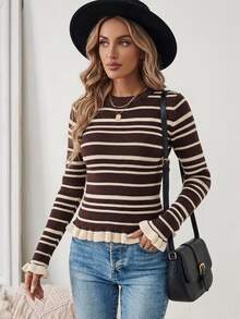 SHEIN PariChic Round Neck Ruffle Trim Slim Fit Knit Top, Autumn/Winter - Coffee Brown - View 6