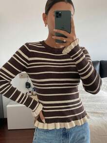 SHEIN PariChic Round Neck Ruffle Trim Slim Fit Knit Top, Autumn/Winter - Coffee Brown - View 4