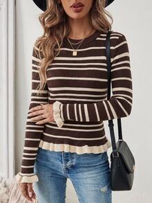 SHEIN PariChic Round Neck Ruffle Trim Slim Fit Knit Top, Autumn/Winter - Coffee Brown - View 5