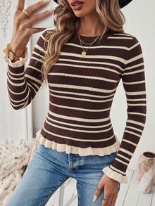 SHEIN PariChic Round Neck Ruffle Trim Slim Fit Knit Top, Autumn/Winter - Coffee Brown - View 2