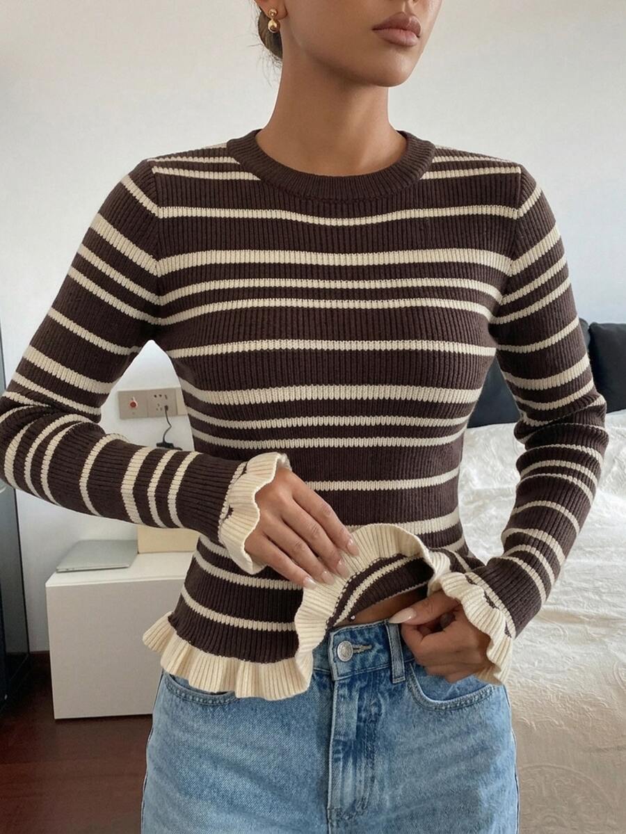 SHEIN PariChic Round Neck Ruffle Trim Slim Fit Knit Top, Autumn/Winter - Coffee Brown - View 1