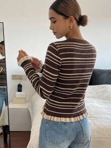 SHEIN PariChic Round Neck Ruffle Trim Slim Fit Knit Top, Autumn/Winter - Coffee Brown - View 3