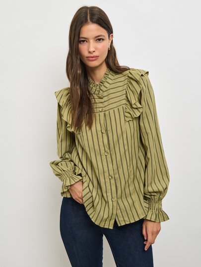 Nöista Olive Striped Blouse With Ruffle Shoulders And Band Collar. Fall, Office Wear, Brunch And Day-To-Night Style.