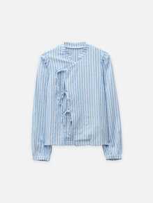 Nöista Womenswear Stripped Blouse In Fall Winter Fabric, With Front Ties Detail, Perfect For Fall Winter Outfits. - Blue - View 6