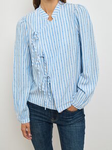 Nöista Womenswear Stripped Blouse In Fall Winter Fabric, With Front Ties Detail, Perfect For Fall Winter Outfits. - Blue - View 2